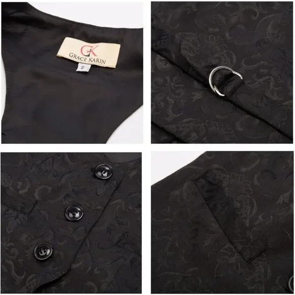 Womens Waistcoat Vest Vintage Steampunk Dress Racerback Jacquard Jacket - Picture 6 of 7